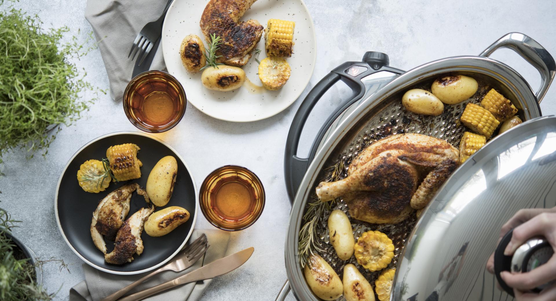 Pollo alla griglia con patate e mais