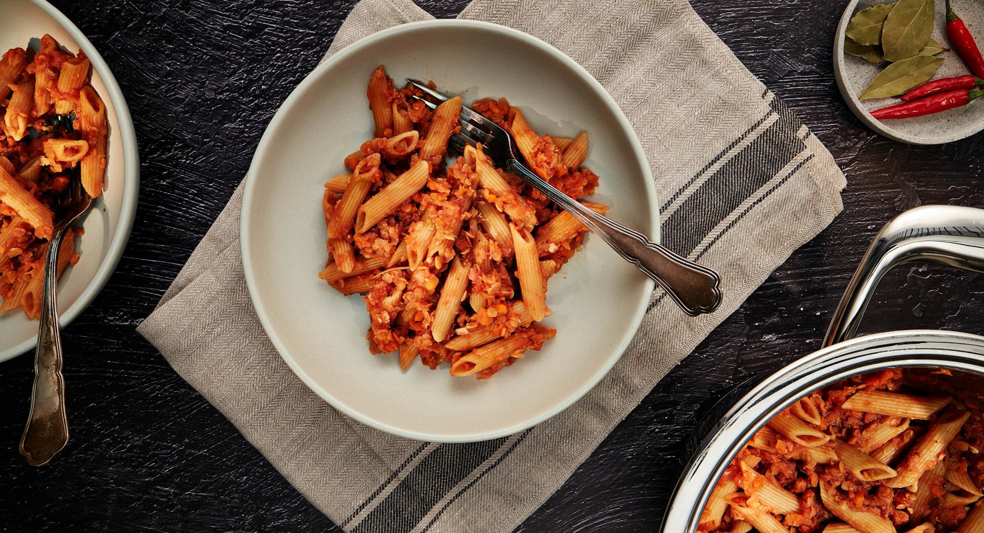 Penne con ragù di lenticchie