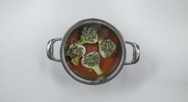 Posizionare l’Unità nel suo coperchio capovolto e adagiare i finocchi nella salsa di pomodoro. Distribuire il composto alle olive sui finocchi.