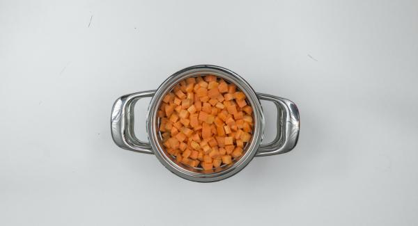 Adagiare all'interno dell'Unità di cottura i cubetti di patate ancora bagnati e posizionare al suo interno l’Inserto 2 in 1 contenente le carote.