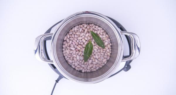Posizionare l'Unità di cottura su Navigenio. Mettere i fagioli all'interno, assieme alle foglie di alloro e versare dell'acqua fino superare di ca. 2 cm i fagioli. Impostare Navigenio in modalità "A", accendere Audiotherm e inserire un tempo di cottura di 20 minuti. Applicarlo su Visiotherm e ruotarlo finchè non compare il simbolo "turbo".