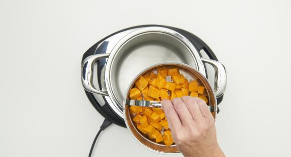 Pelare e tagliare la zucca e metterla nella Softiera. Versare 150 ml di acqua all’interno dell’Unità di cottura e inserire quindi la Softiera contenente la zucca. Chiudere l’Unità con Secuquick.