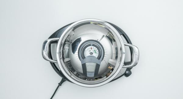 Al suono di Audiotherm, abbassare Navigenio a livello 2 e adagiare gli spiedini, coprire con il coperchio e cuocere fino al “punto di girata” a 90 °C.