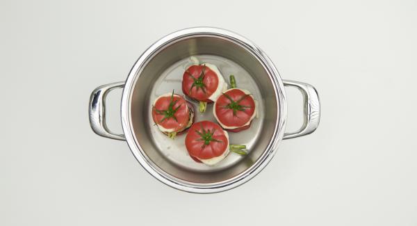 Disporre sul fondo del piatto la salsa al basilico e la lasagna di verdure. Chiudere il piatto con la cima del pomodoro grigliato. Servire tiepida.