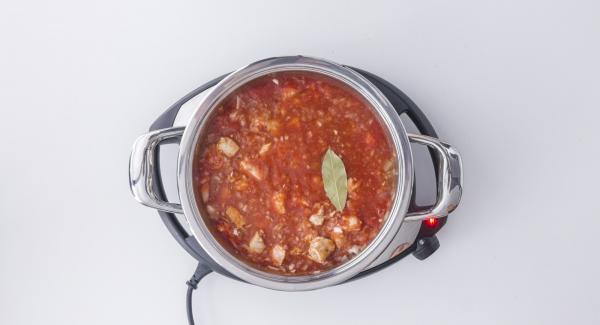 Al suono di Audiotherm, impostare un livello basso e rosolare la lonza in porzioni. Insieme con l’ultima porzione, rosolare anche la cipolla e l’aglio. Insaporire con sale e pepe. Coprire con lo sherry e i pomodori filtrati, unire quindi la foglia di alloro.