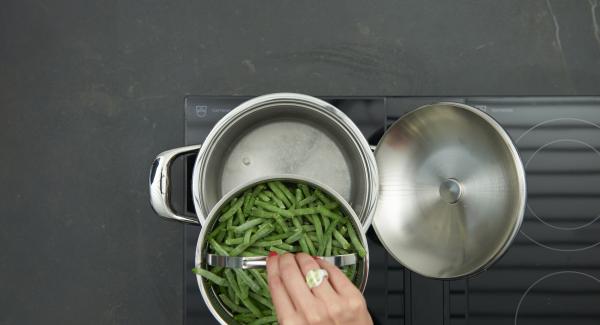 Versare un bicchiera d'acqua nell'unità 20 cm, inserire i fagioli surgelati nella Softiera e inserire quest'ultima nell'unità.