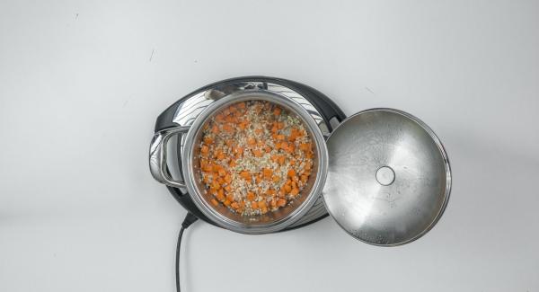Aggiungere le carote e il brodo vegetale e mescolare bene. Chiudere l’Unità di cottura con Secuquick. Impostare Navigenio su “A”. Posizionare Audiotherm sulla finestra "soft" dopo aver impostato il programma "P" per la cottura.