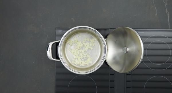 Pelare la cipolla, tritarla finemente nel Tritamix e mondare gli spinaci. Trasferire la cipolla nell’Unità di cottura più grande, metterla sul fornello e impostare a calore massimo. Accendere Audiotherm, applicarlo su Visiotherm e ruotarlo finché compare il simbolo “carne”.