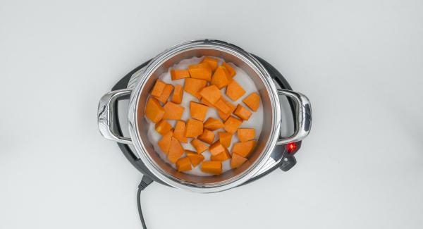 Inserire il disco di carta da forno nell’Unità di cottura, distribuirvi sopra la zucca a pezzi e collocare l’Unità di cottura nel suo coperchio capovolto. Inserire il disco di carta da forno nell’Unità di cottura, distribuirvi sopra la zucca a pezzi e collocare l’Unità di cottura nel suo coperchio capovolto.